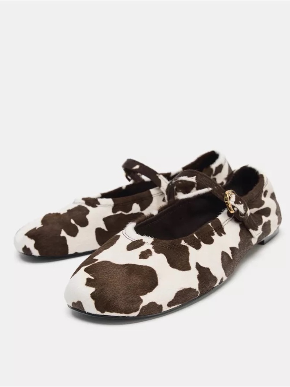Women’s Cow Print Mary Jane Flats - White & Brown HOST PICK